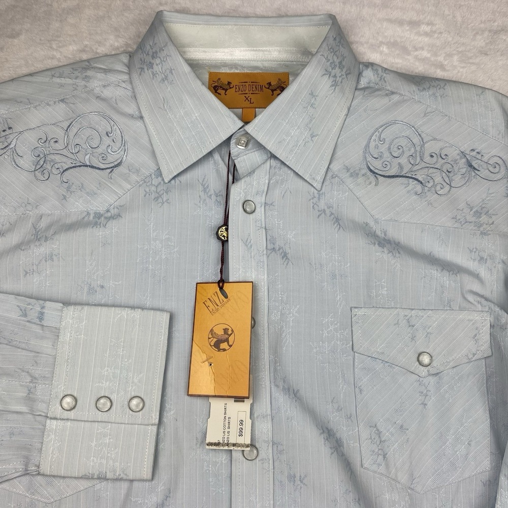 ENZO Denim Shirt Mens XL Blue Crown Embroidered Button Down NWT